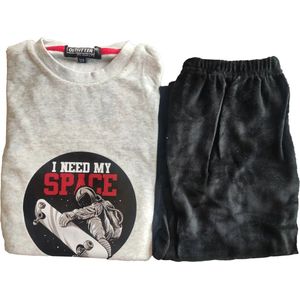 Outfitter velours jongens pyjama - Warm Space - Warme winter kinder pyjama - 140 - Grijs
