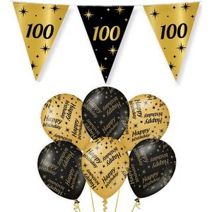 100 jaar verjaardag versiering pakket zwart/goud vlaggetjes/ballonnen