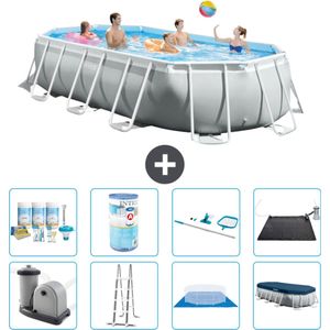 Intex Ovaal Prism Frame Zwembad - 503 x 274 x 122 cm - Grijs - Inclusief Pomp - Ladder - Grondzeil - Afdekzeil Onderhoudspakket - Filter - Schoonmaakset - Solar Mat