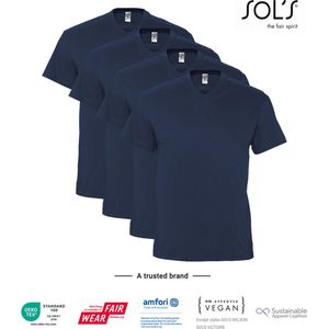 4 Pack SOLS V-hals, Heren T-Shirt 100% katoen V-hals, Donker Blauw Maat L