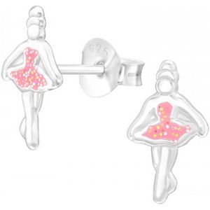 Oorbellen meisjes zilver | Zilveren oorstekers, ballerina met roze glitterjurkje