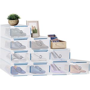 10 stuks Transparante schoenen dozen Opvouwbare schoenen organizer Plastic schoenen opbergdoos Transparante lade Stapelbare opbergkast 31 x 20 x 11 cm voor schoenen, kleding of speelgoed opslag (blauw)