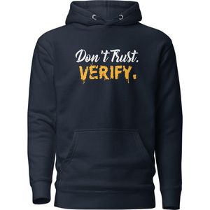 Don't Trust Verify - Premium Unisex Bitcoin Hoodie - Kleur Marine Blauw - Maat S | Bitcoin cadeau| Crypto cadeau| Bitcoin Trui| Crypto Trui| Crypto Hoodie| Bitcoin Hoodie| Bitcoin Merch| Crypto Merch| Bitcoin Kleding| Crypto Kleding