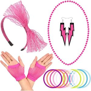 16-delig Accessoires voor Dames - 80s Handschoenen - 80s Oorbellen - 80s Armbanden - 80s Ketting - 80s Hoofdband - Neon - Party Outfits .