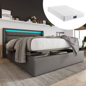 Merax Queensize Tweepersoonsbed 160x200 cm Inclusief Koudschuim Matras en LED-Verlichting - Kunstleer Gestoffeerd Bed met Hydraulisch Opbergruimte - Grijs