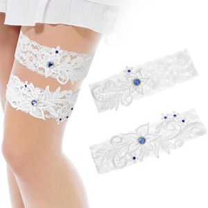 Kousenband met brede rand, blauw en wit, voor bruiloft, bruidsaccessoires met strasssteentjes voor feesten, verlovingen, bruidsdouches, Halloween - Mardigras thema (blauw-wit)