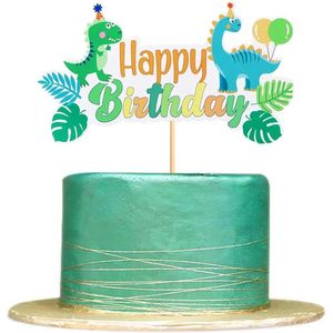 Dino Taart Topper - Happy Birthday - Dinosaurus - Ballonnen - Feestmuts - Dino's - Taart Versiering - Verjaardag Versiering - Taart Decoratie - Kinderfeestje - Toppers - Taarttopper - Cake Topper - Voor Jongens en Meisjes