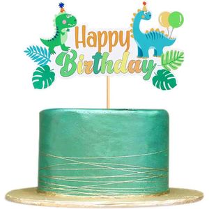 Jacey's TREASURES Dino Taart Topper - Happy Birthday - Dinosaurus - Ballonnen - Feestmuts - Dino's - Taart Versiering - Verjaardag Versiering - Taart Decoratie - Kinderfeestje - Toppers - Taarttopper - Cake Topper - Voor Jongens en Meisjes