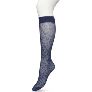Bonnie Doon Dames Bloemen Panty Kniekousen Donker Blauw maat 36/42 - Knie Kousen 20 denier - Gebloemd - Bloemen Print - Uitstekend draagcomfort - Fancy Flower Knee High - Kniesokken - Zakt niet af - OEKO-TEX - Donkerblauw - Navy - BP221803.102