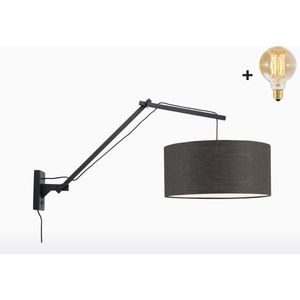 Wandlamp met Lange Arm - ANDES - Zwart Bamboe - Donkergrijs Linnen - Met LED-lamp