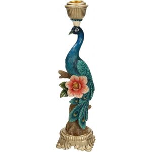 Kandelaar - Pauw - Kaarsenhouder - Polyresin Goud en Blauw - 29 cm hoog