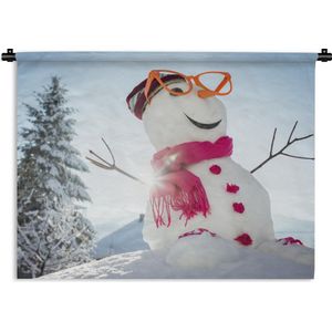Wandkleed Kerst - Een sneeuwman met de zon achter zich zorgt voor een kerstsfeer Wandkleed katoen 150x112 cm - Wandtapijt met foto