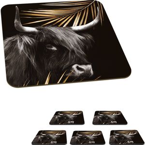 Onderzetters voor glazen - Schotse hooglander - Goud - Varens - 10x10 cm - Glasonderzetters - 6 stuks