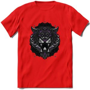 Tijger - Dieren Mandala T-Shirt | Paars | Grappig Verjaardag Zentangle Dierenkop Cadeau Shirt | Dames - Heren - Unisex | Wildlife Tshirt Kleding Kado | - Rood - L