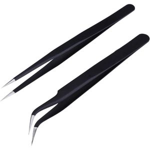 Professional tweezers for facial hair, women and men, stainless steel precision eyelash tweezers, set of 2 stainless steel tweezers for eyelash extension, straight and curved tip, eyelash tweezers