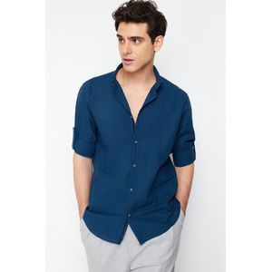 Trendyol Stone Button Collar Epaulette Slim Fit Lange Mouw 100% Katoen Linnen Look Shirt Tmnss20Go0189