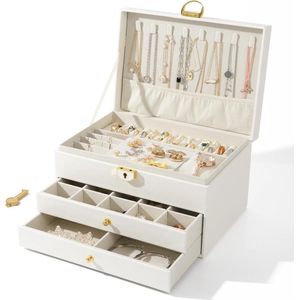 Sieradendoosje voor dames, grote organizer, afneembare sieradenorganizer, 3 lagen, voor het opbergen van sieraden, ringen, oorbellen, van leer, waterdicht (wit)