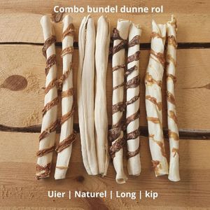 Aware Pet Products - Combo bundel 8 stuks Dunne runderhuid rollen - 4 smaken: Long | Uier | Kip | Naturel - hondensnack - kauwrollen - kauwstaaf -