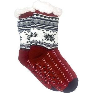 Merino Wollensokken - sokken - Rood met Sneeuwvlok - maat 39/42 - Huissokken - Antislip sokken - Warme sokken – Winter sokken