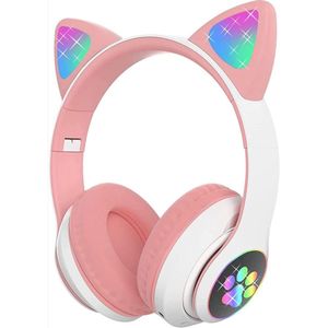 QTTVBTNA -Kinderkoptelefoon Bluetooth met kattenoren – Over-Ear draadloze hoofdtelefoon met LED-licht, opvouwbaar, stereo geluid, ideaal voor meisjes en jongens