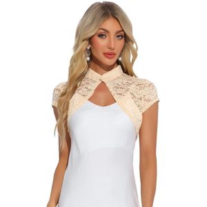 Dames kanten bloemen bolero met opstaande kraag en korte mouwen - elegante shrug in abrikoos, maat XL