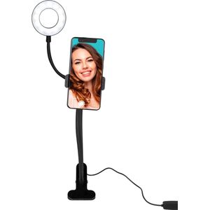 Grundig Selfie Studio Ringlamp - Ringlight - Ringlicht - Selfie Lamp - Social Media en Vlogs - met Tafelklem - Flexibele Hals - USB