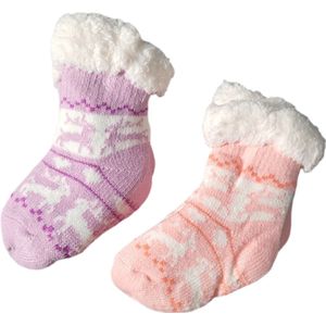 Baby - Huissokken - Antislip - Gevoerd - Set van 2 paar - Huissokken - Meisjes - kinderen - Warme wintersokken - Kleur Lichtroze/Lichtpaars/Wit - Maat 0 t/m 12 maanden - Kerst - Cadeau