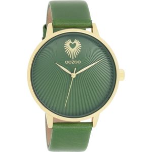 Goudkleurige OOZOO horloge met groene leren band - C11344