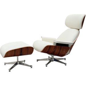 Meubi Chair met hocker - Wit - Palissander - Fauteuil - Relaxfauteuil - Lounge Chair - Leer - Chrome onderstel