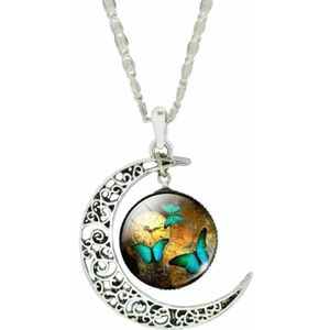 Fako Bijoux® - Ketting - Cabochon - Vlinders Klok - Maan - Bruin/Groen
