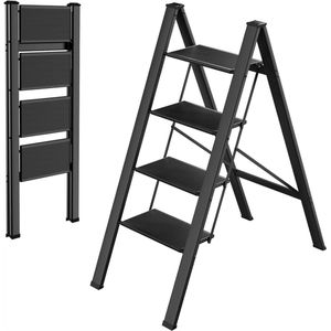 Huishoudtrap - Keukentrap - 4 treden - Ladder Aluminium - Opstapkruk met anitslip - Lichtgewicht - 150KG Belastbaar - Zwart