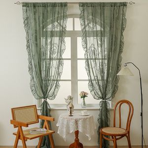 REFTTENW Set Van 2 Boho Vitrage Gordijnen Kanten Geborduurde Vitrage Met Volant Randen,Boho Gordijnen Vitrage Met Plooiband, Vitrage Gordijnen In Keuken, Woonhal Landhuisstijl, Vitrages Kant En Klaar Saliegroen