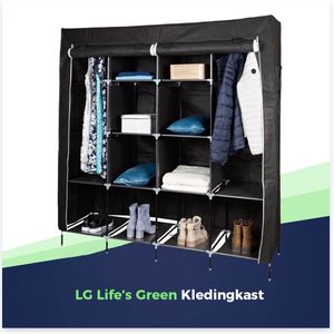 LG Life’s Green Opvouwbare Kleerkast op pootjes - Kledingrek met 12 Legplanken en 2 ophangstangen - Stoffen Kledingkast - 225KG Draagvermogen - 168x45x180 cm - Zwart