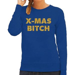 Foute Kersttrui / sweater - Christmas Bitch - goud / glitter - blauw - dames - kerstkleding / kerst outfit XS
