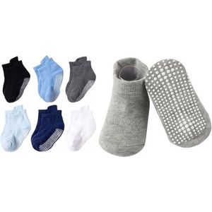 6 Paar - Baby Antislip Sokken Kind - 6-12 maanden - Blauw Grijs - Enkelsokken - Verbeterde kwaliteit