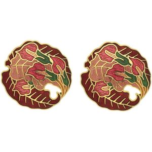 Behave Dames oorbel steker met blad en bloemen rood emaille