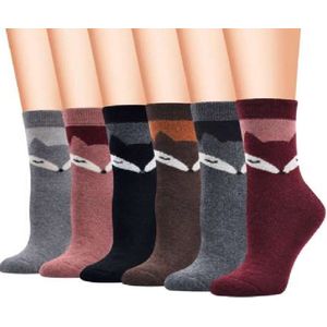 Wol Dames Sokken - 2 paar - giftbox - Huissokken - Wandelsokken - grijs - bruin - zwart - paars - mix - random - leuke print vos - 36 - 40 - warm - cadeau voor haar - gift