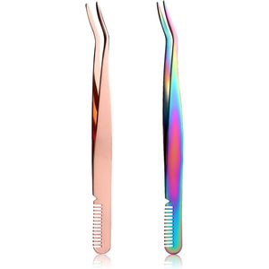 2 Pieces Eyelash Tweezers - Stainless Steel Eyelash Extension Tweezers with Comb - 2 in 1 Applicator Tool voor Cluster en Individual Eyelashes (2 Colors)
