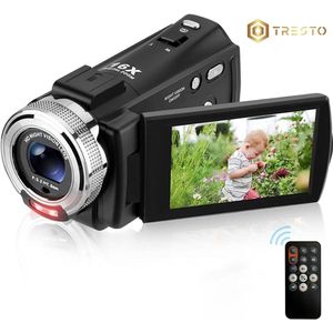 TRESTO - Handycam Camcorder - 12V Videocamera Full HD - CMOS Beeldsensor - Nachtzicht - 16x Digitale Zoom - Gezichtsfocus - Vlog camera - Met Afstandsbediening - Zwart