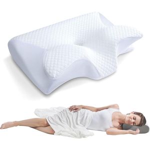 1 artikel - Memory Foam - Cervicaal kussen - 2 in 1 - Ergonomisch contour - Orthopedisch kussen - Voorgevormde ondersteuning - Memory Sleep Pillow - Zero Pressure - Slow Rebound - Memory Neck Pillow - 62 x 37 x 12 cm - Wit
