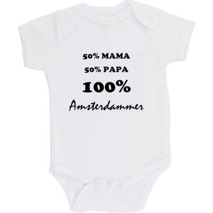 100% katoenen Romper ""50% mama, 50% papa, 100% Amsterdammer"" Unisex Katoen Wit/zwart Maat 56/62