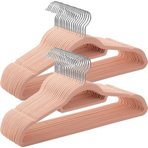 Fluwelen kleerhangers, set van 50, beugels, antislip, kleine stang voor stropdassen, 360° draaibare haak, 0,6 cm dik, ruimtebesparend, 43,5 cm lang, voor mantels, broeken, zilver-lichtroze