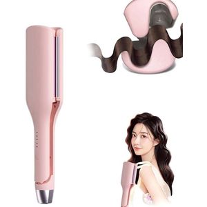 Franse golfkrultang 32mm diameter - Eivormige krultang - Geschikt voor lang en halflang haar - 5 temperatuurstanden - Draagbare krultang - Verwarmente stijlkam - Snelverwarmend (Roze)