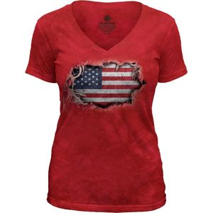 Ladies T-shirt Tear Thru Flag Red V-neck Tri-Blend S