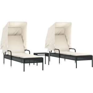 vidaXL Ligbedden met Luifels en Tafel - Set van 2 Ligbed - Lounge Chair - Tuinset - Buitendecoratie - Relaxstoel