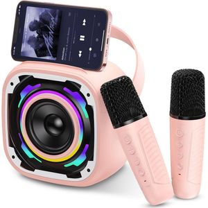 Mini Kinder Karaoke Machines met 2 Microfoons, Draadloze Draagbare Bluetooth Luidspreker met Telefoonsteun/Dynamisch Licht/Stemverander Effecten, Roze