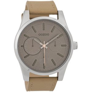 OOZOO Timepieces - Zilverkleurige horloge met camel leren band - C9615