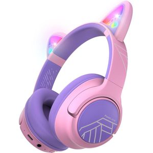 PowerLocus Bobo - Draadloze Koptelefoon voor Kinderen - Bluetooth koptelefoon - 74/85/94dB Volumebegrenzing - Katten Oortjes - Led Verlichting - Paars/Roze