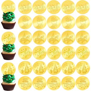 Provento - 30 stuks Cupcake Toppers Kerst Thema Gouden Ronde Acryl Doe-het-zelf Decoratie