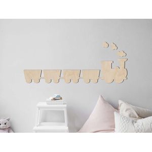 HOUTEN WANDDECORATIE / WOODEN WALL DECORATION - MUURDECORATIE VOOR KINDERKAMER / WALL ART FOR KIDS ROOM - TREINTJE EN WAGON / TRAINS - 103 x 25cm - LICHT HOUT / NATURAL WOOD - WANDFIGUUR - BABYKAMER - KIDS - DECO - LOCOMOTIEF